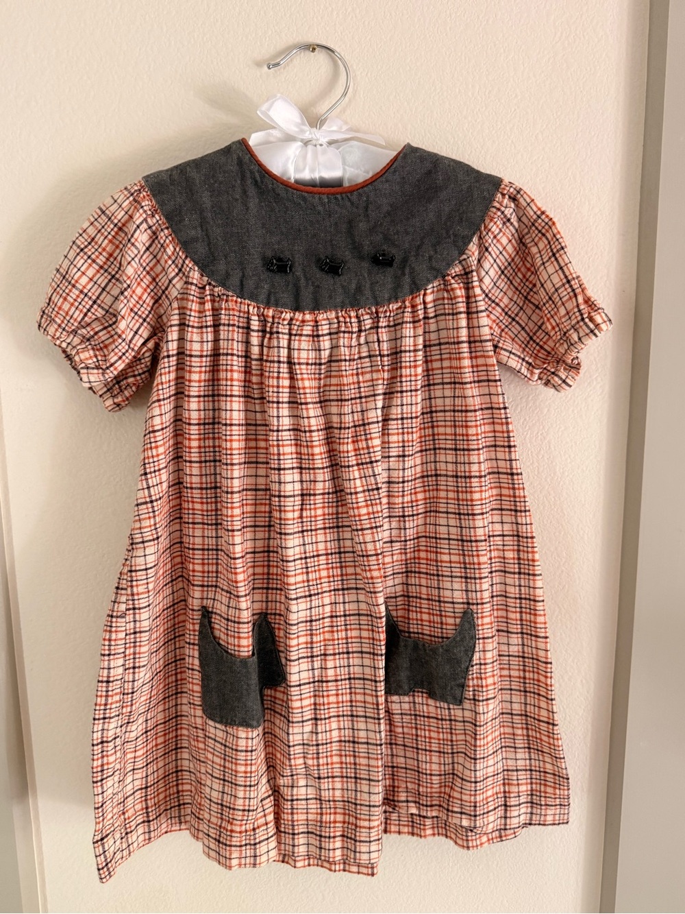 Vintage Handmade Girls 4t Orange Plaid Cotton Dress with and Dog Theme pockets